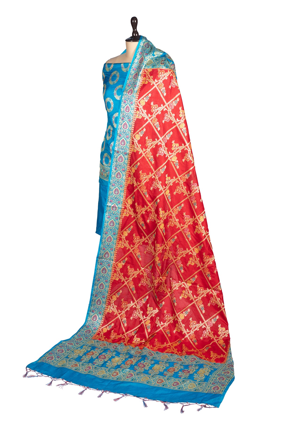 Silakaari Khoobsurat Blue-Red Pure Banarasi Katan Silk unstitch Salwar Suit