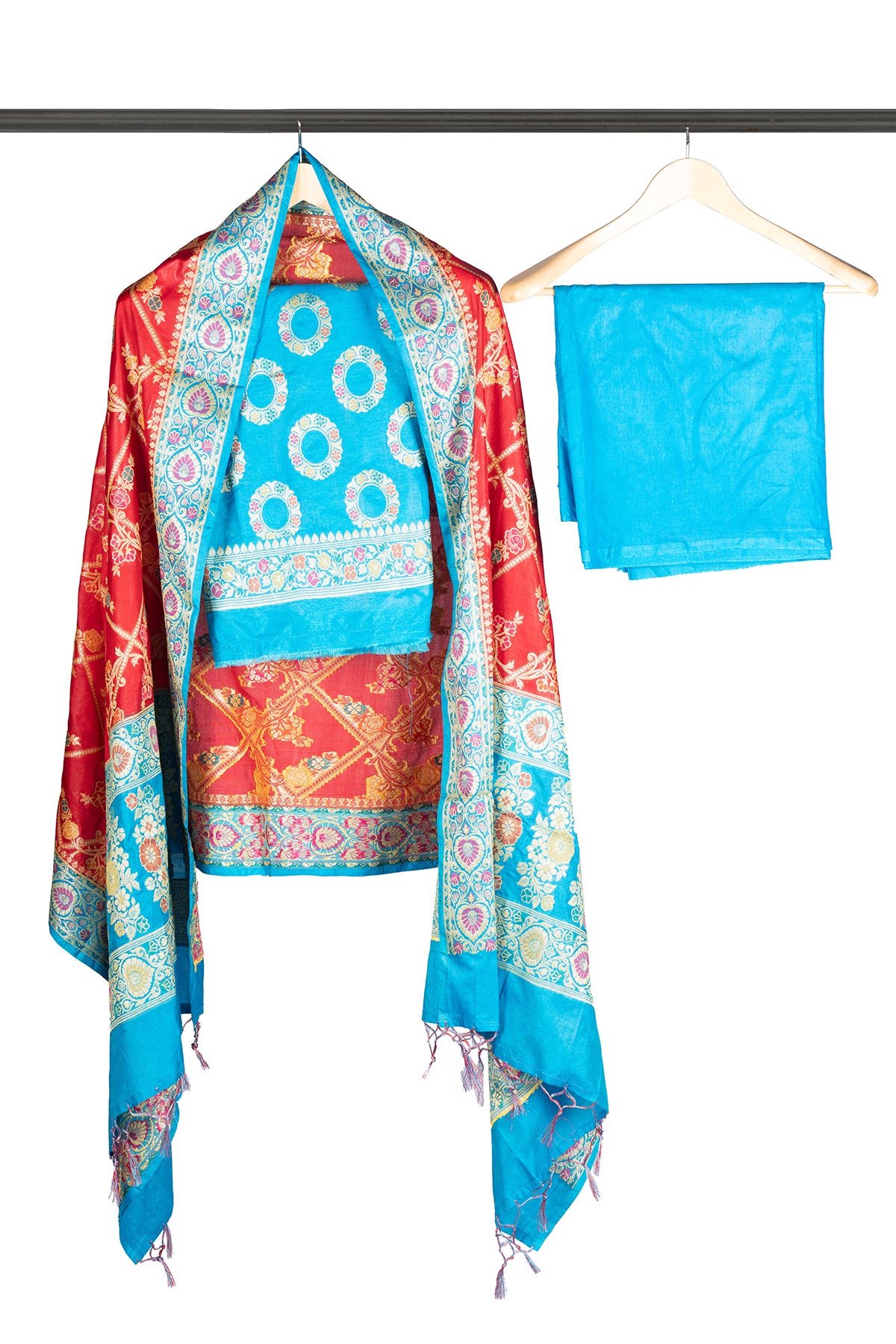 Silakaari Khoobsurat Blue-Red Pure Banarasi Katan Silk unstitch Salwar Suit