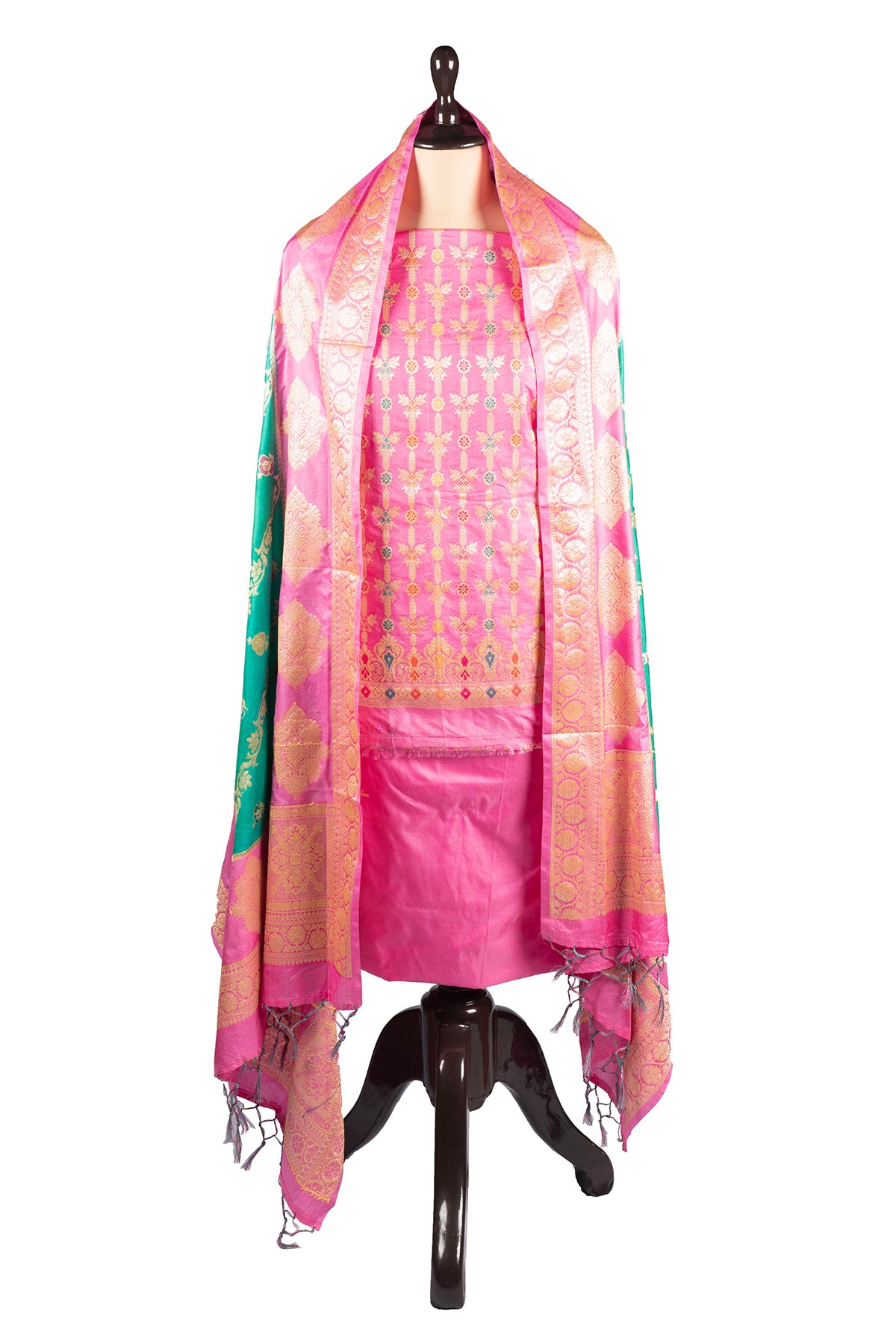 Silakaari Zubaida Banarasi Green-Pink Hand Woven Unstitch Dress Material