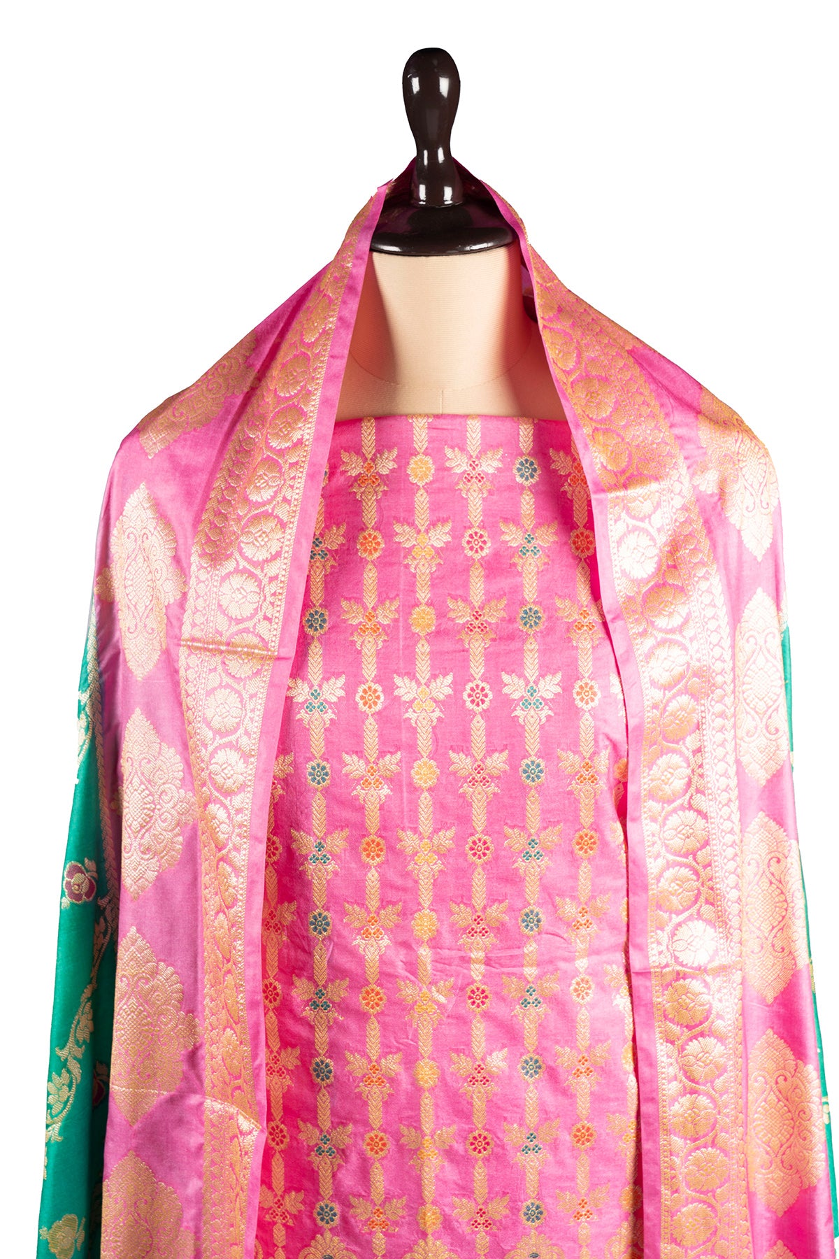 Silakaari Zubaida Banarasi Green-Pink Hand Woven Unstitch Dress Material