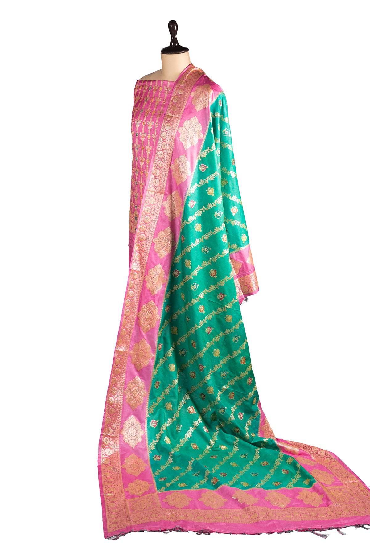 Silakaari Zubaida Banarasi Green-Pink Hand Woven Unstitch Dress Material
