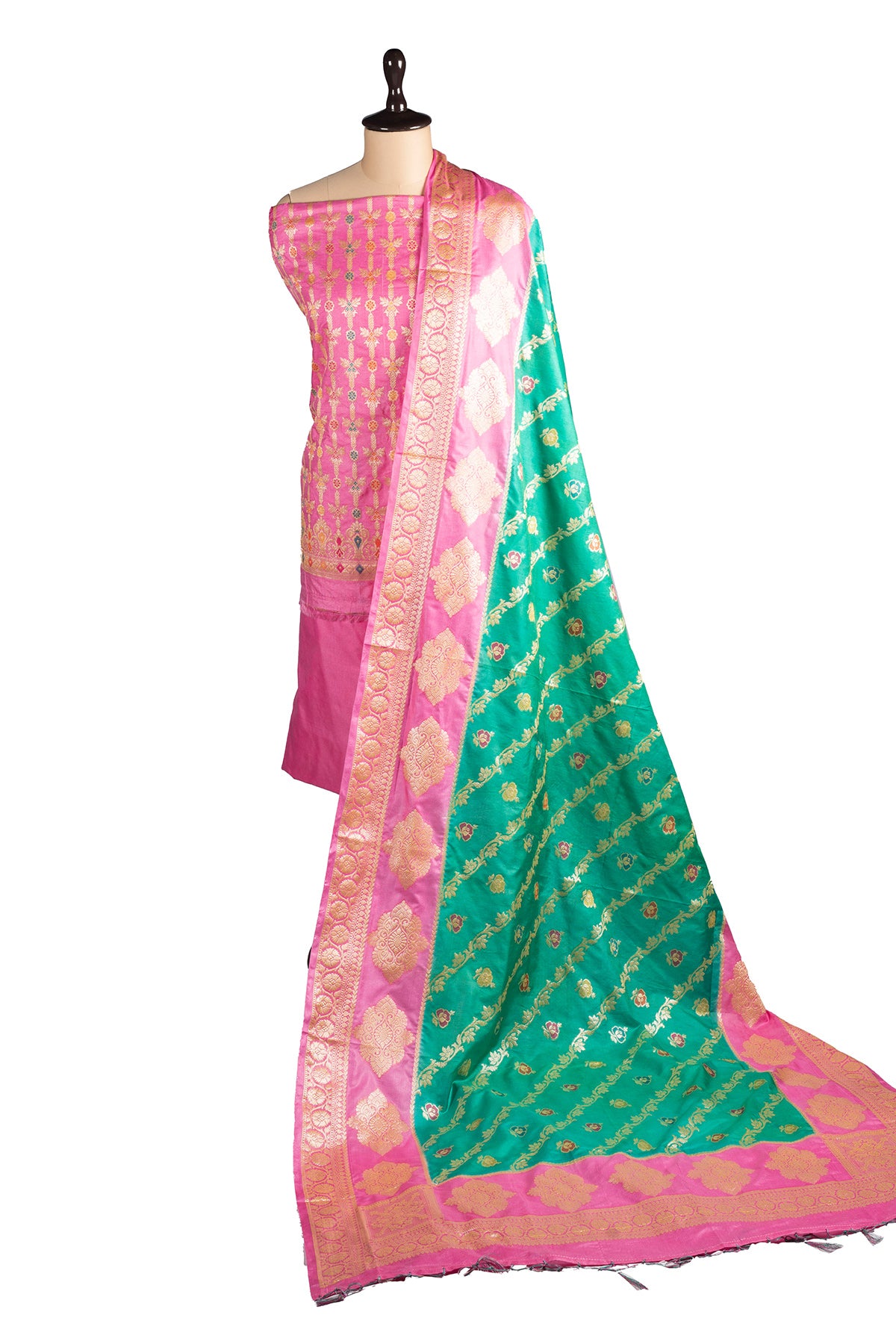 Silakaari Zubaida Banarasi Green-Pink Hand Woven Unstitch Dress Material