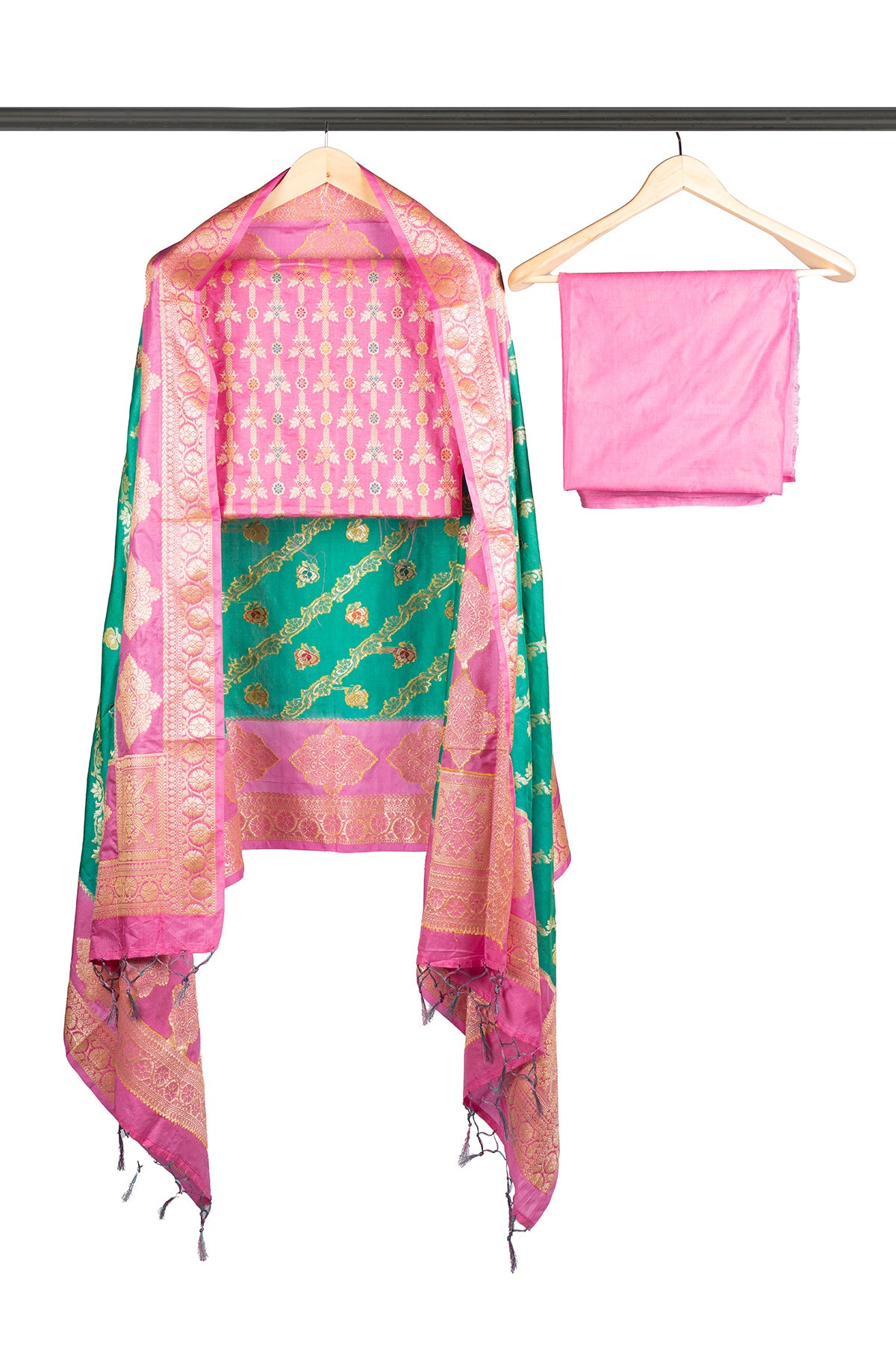 Silakaari Zubaida Banarasi Green-Pink Hand Woven Unstitch Dress Material