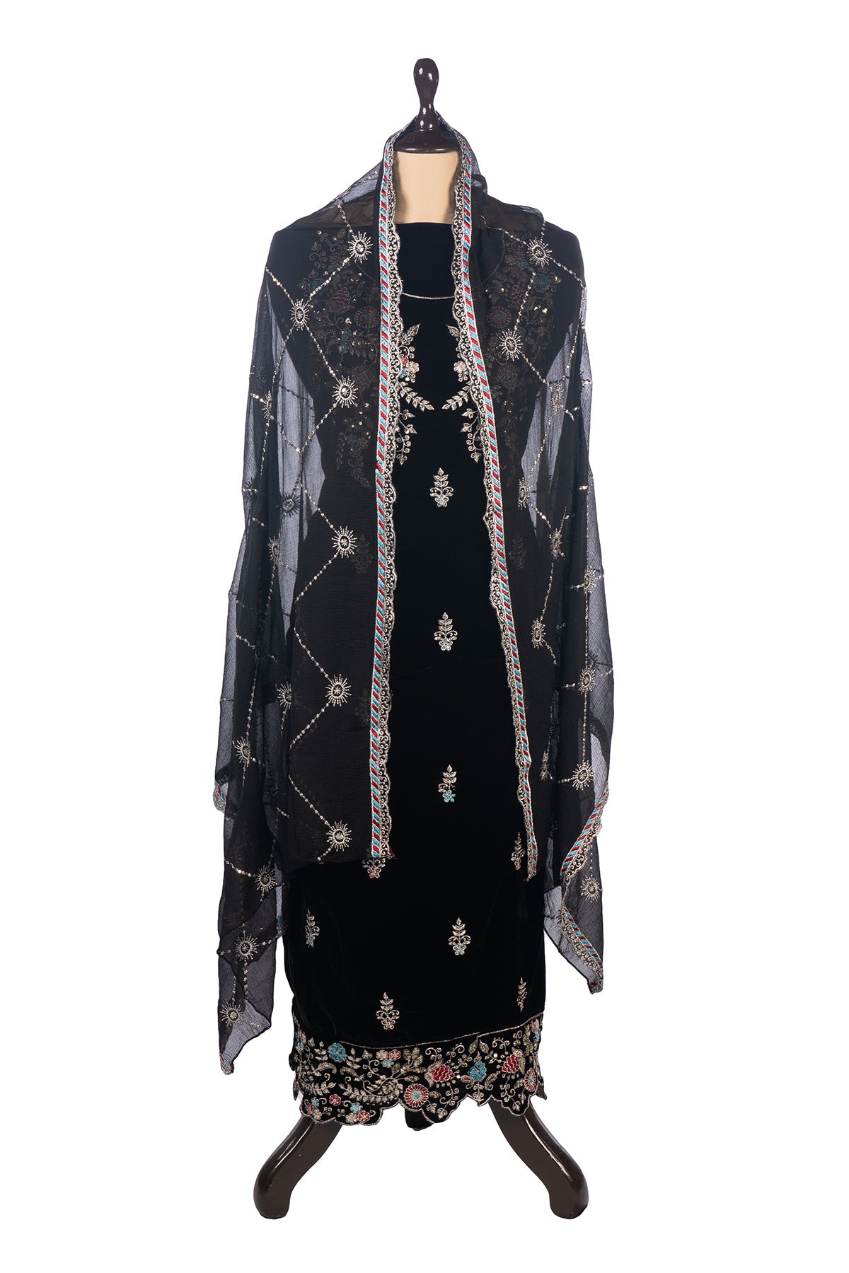 Silakaari Zubaan Pure Velvet Black Sequin Heavy Unstitched Suits