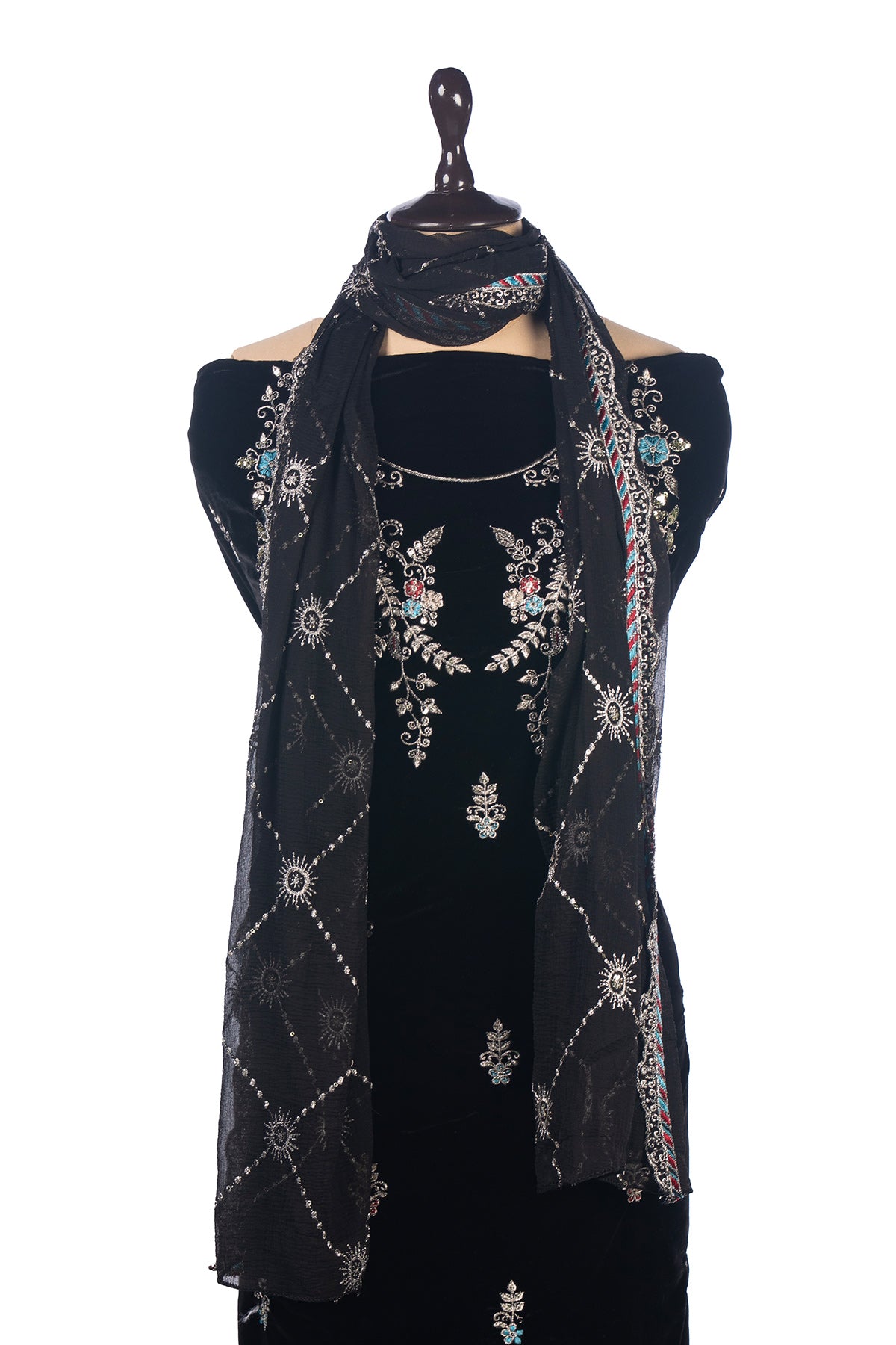 Silakaari Zubaan Pure Velvet Black Sequin Heavy Unstitched Suits