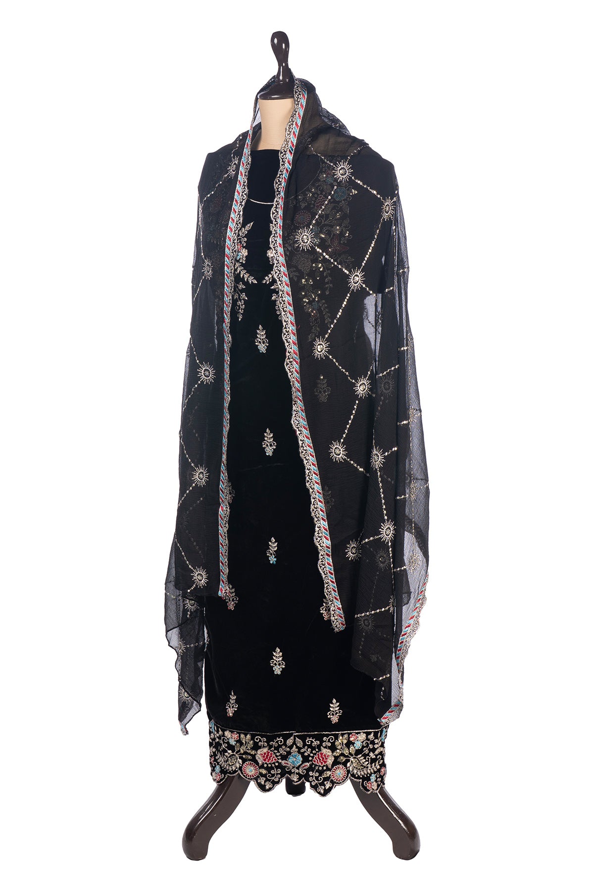 Silakaari Zubaan Pure Velvet Black Sequin Heavy Unstitched Suits