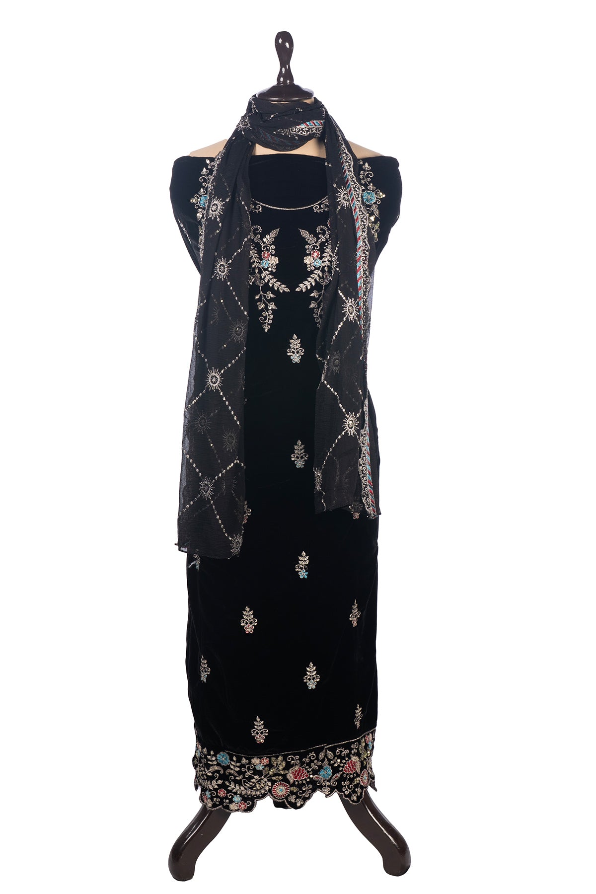 Silakaari Zubaan Pure Velvet Black Sequin Heavy Unstitched Suits