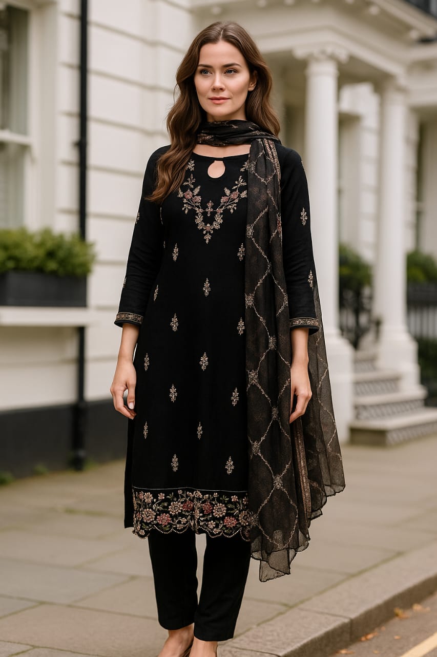 Silakaari Zubaan Pure Velvet Black Sequin Heavy Unstitched Suits