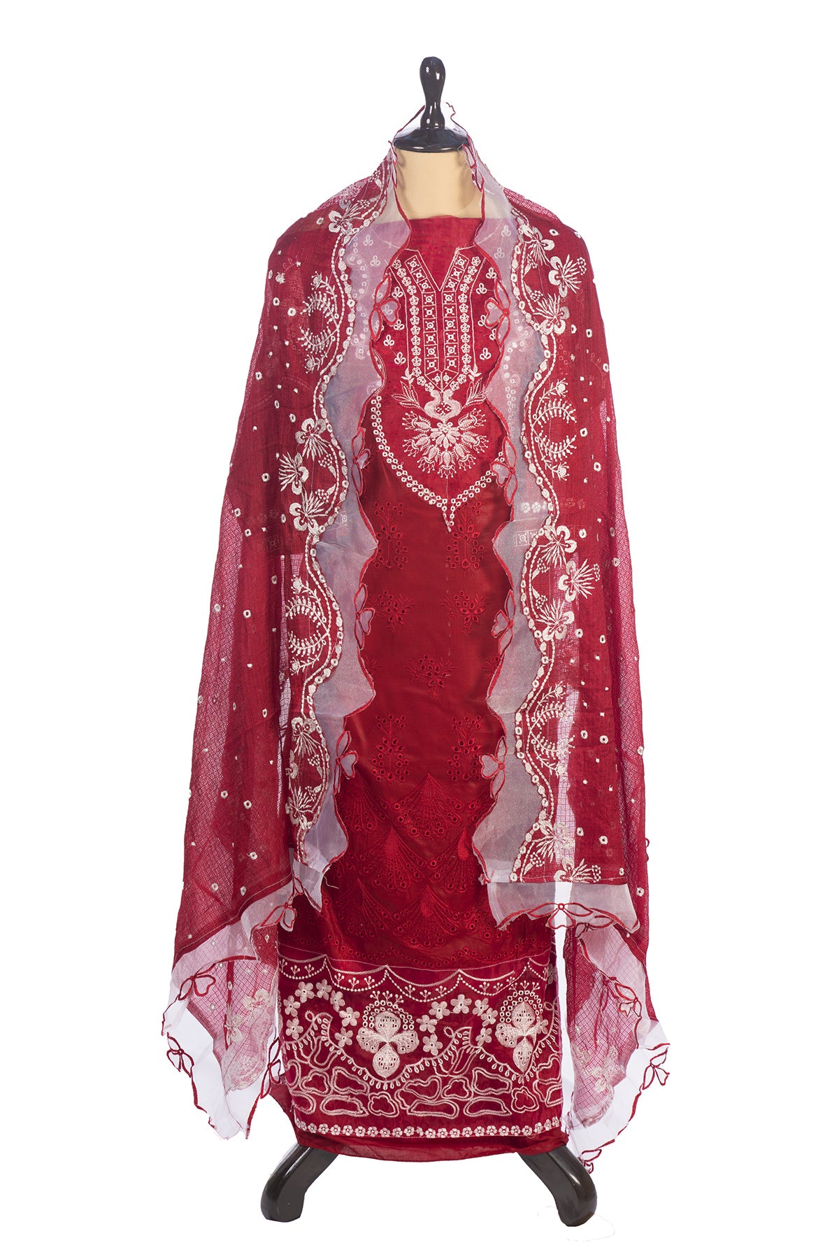 Silakaari Shehzadi Maroon-White Pure Lawn Organza Premium Unstitched  Suits