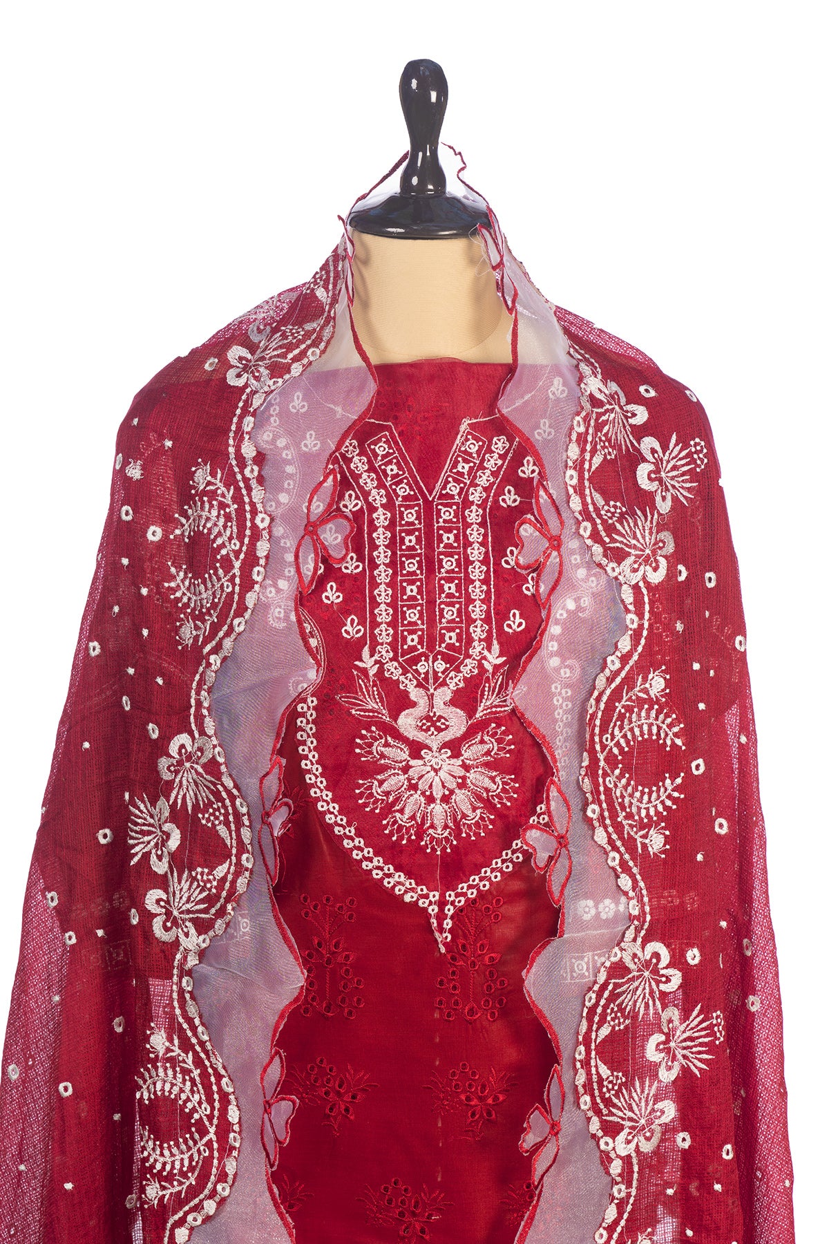 Silakaari Shehzadi Maroon-White Pure Lawn Organza Premium Unstitched  Suits