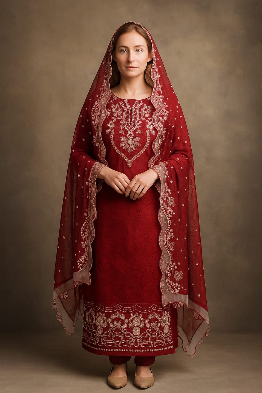 Silakaari Shehzadi Maroon-White Pure Lawn Organza Premium Unstitched Suits
