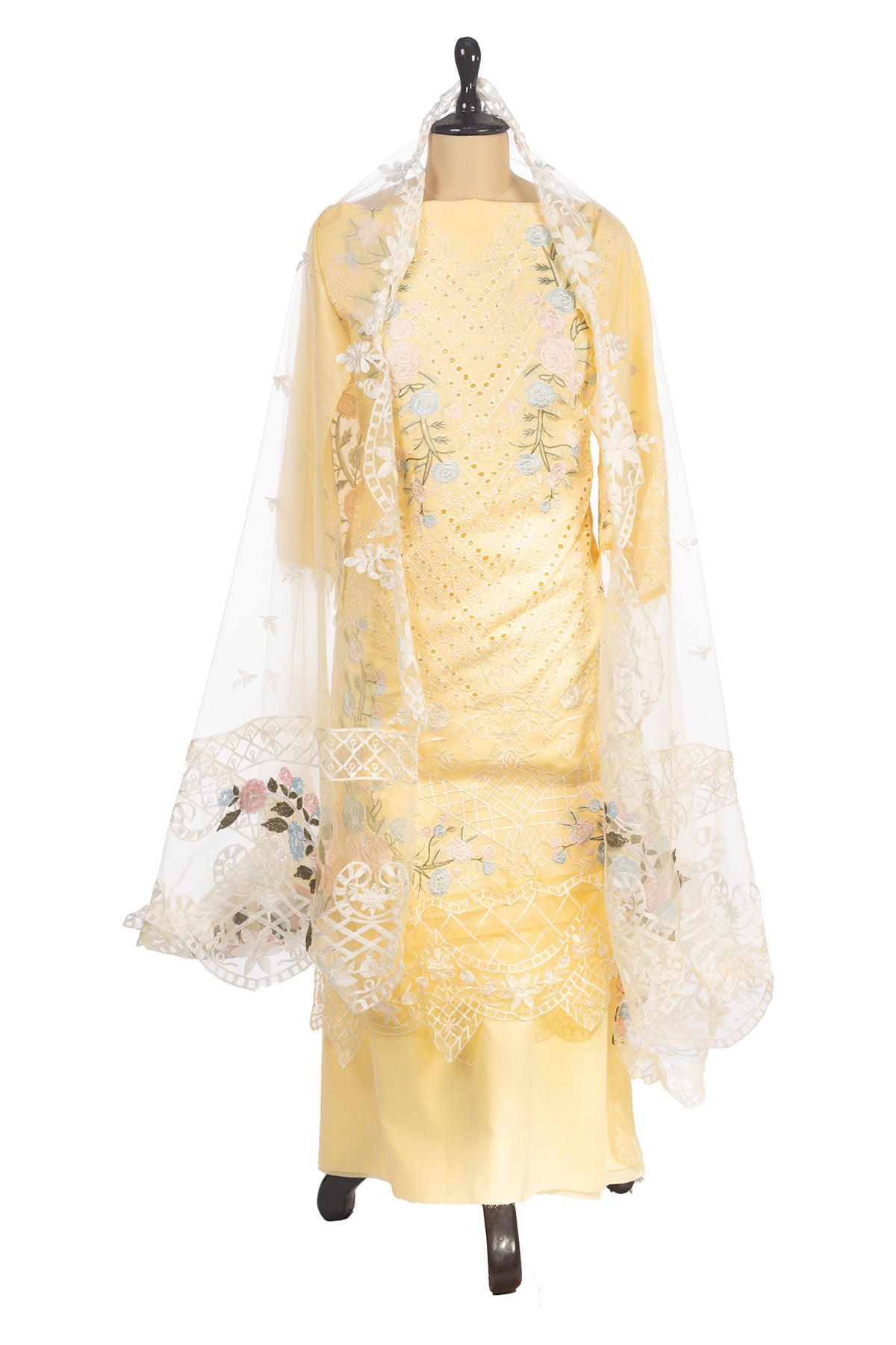 Silakaari Noorani Pure Lawn Beige Heavy Embroidery Organza Patch Work Unstitched Suits