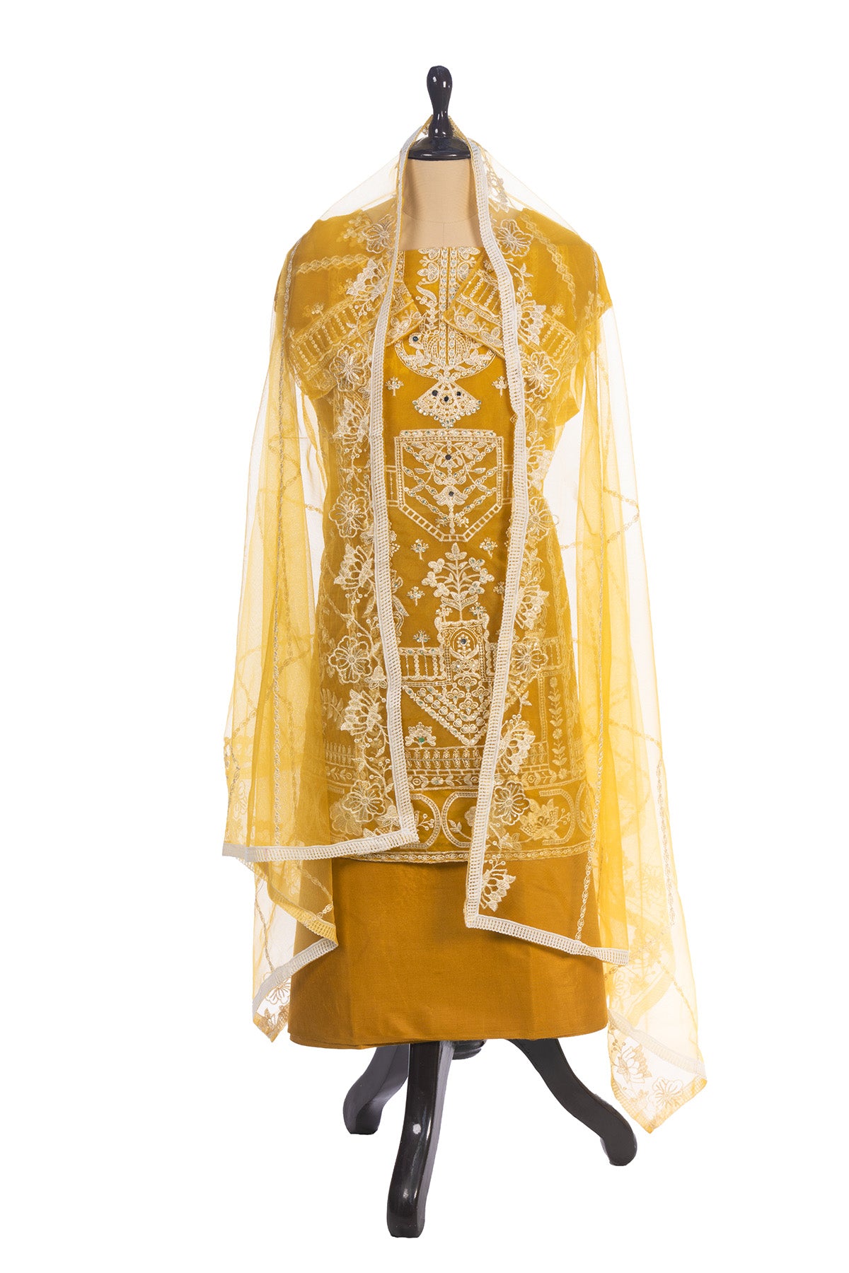 Silakaari Umeed Mustard-White Pure Organza Heavy Embroidery Patch Premium Unstitched Suits