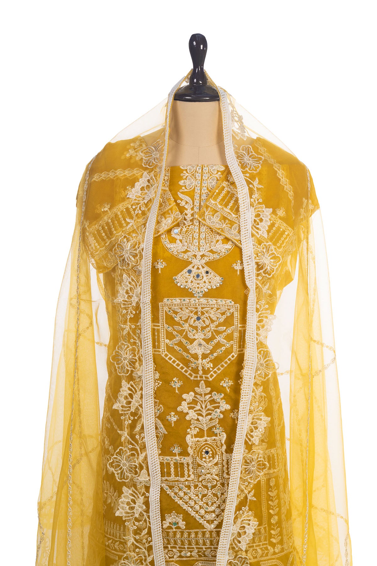 Silakaari Umeed Mustard-White Pure Organza Heavy Embroidery Patch Premium Unstitched Suits