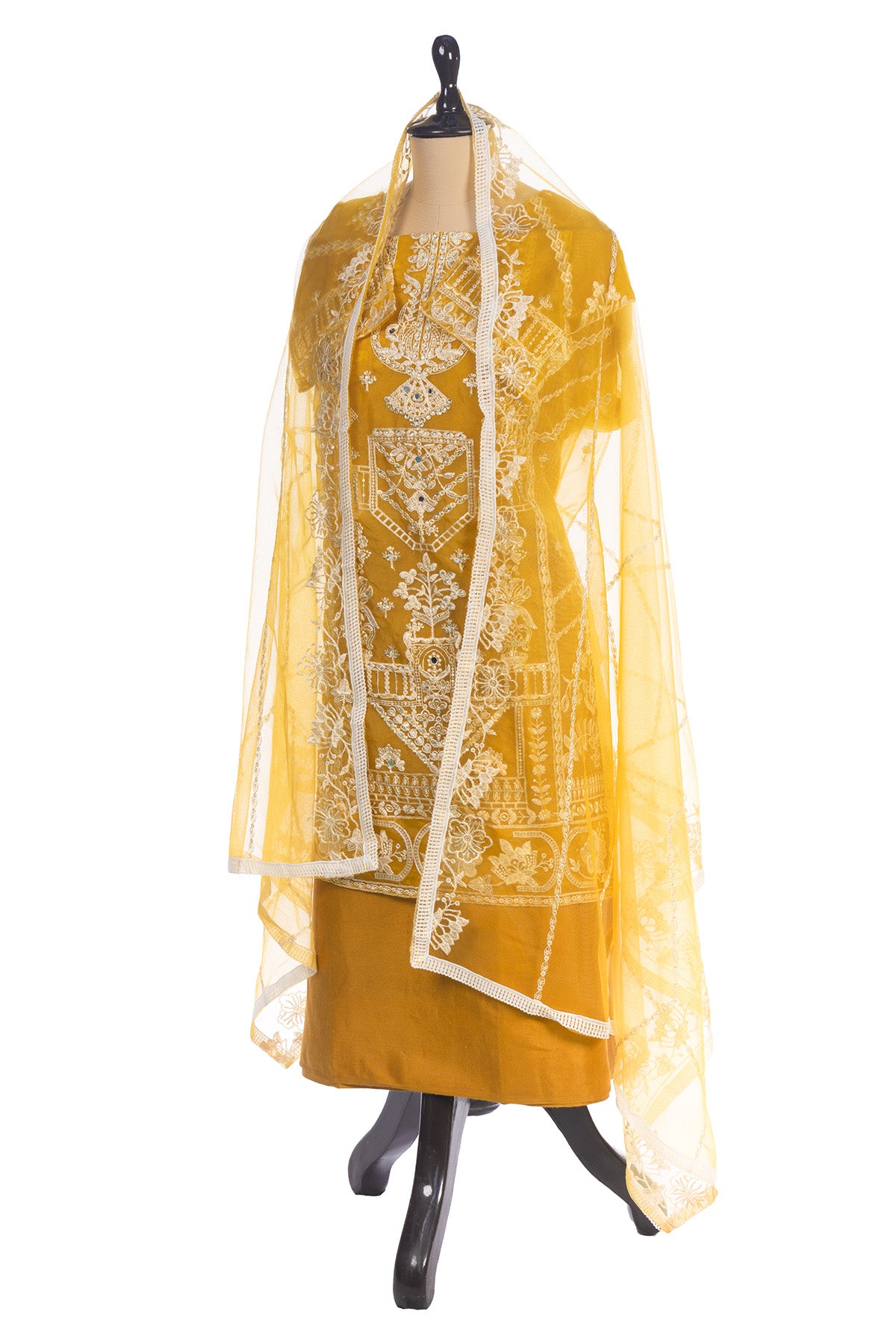 Silakaari Umeed Mustard-White Pure Organza Heavy Embroidery Patch Premium Unstitched Suits