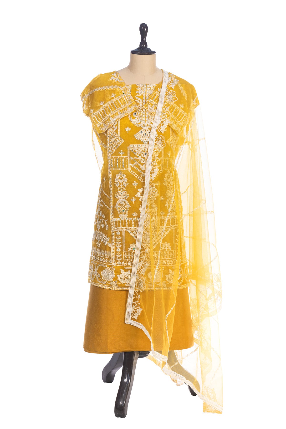 Silakaari Umeed Mustard-White Pure Organza Heavy Embroidery Patch Premium Unstitched Suits