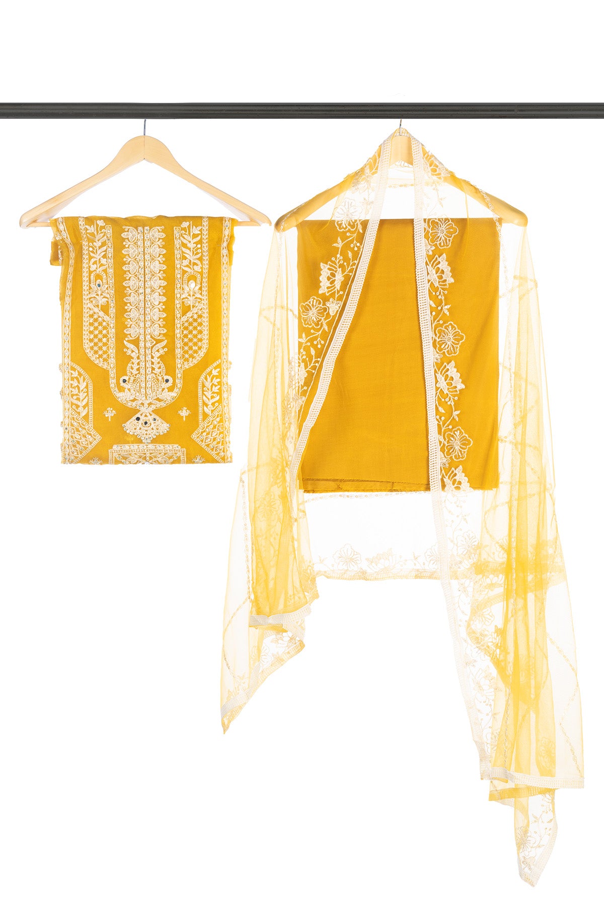 Silakaari Umeed Mustard-White Pure Organza Heavy Embroidery Patch Premium Unstitched Suits