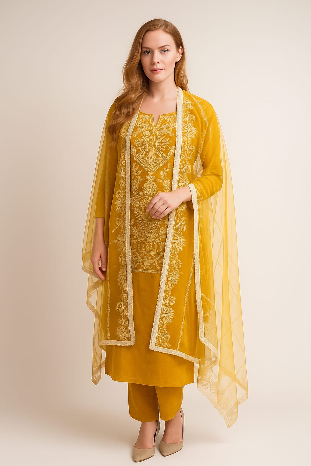 Silakaari Umeed Mustard-White Pure Organza Heavy Embroidery Patch Premium Unstitched Suits