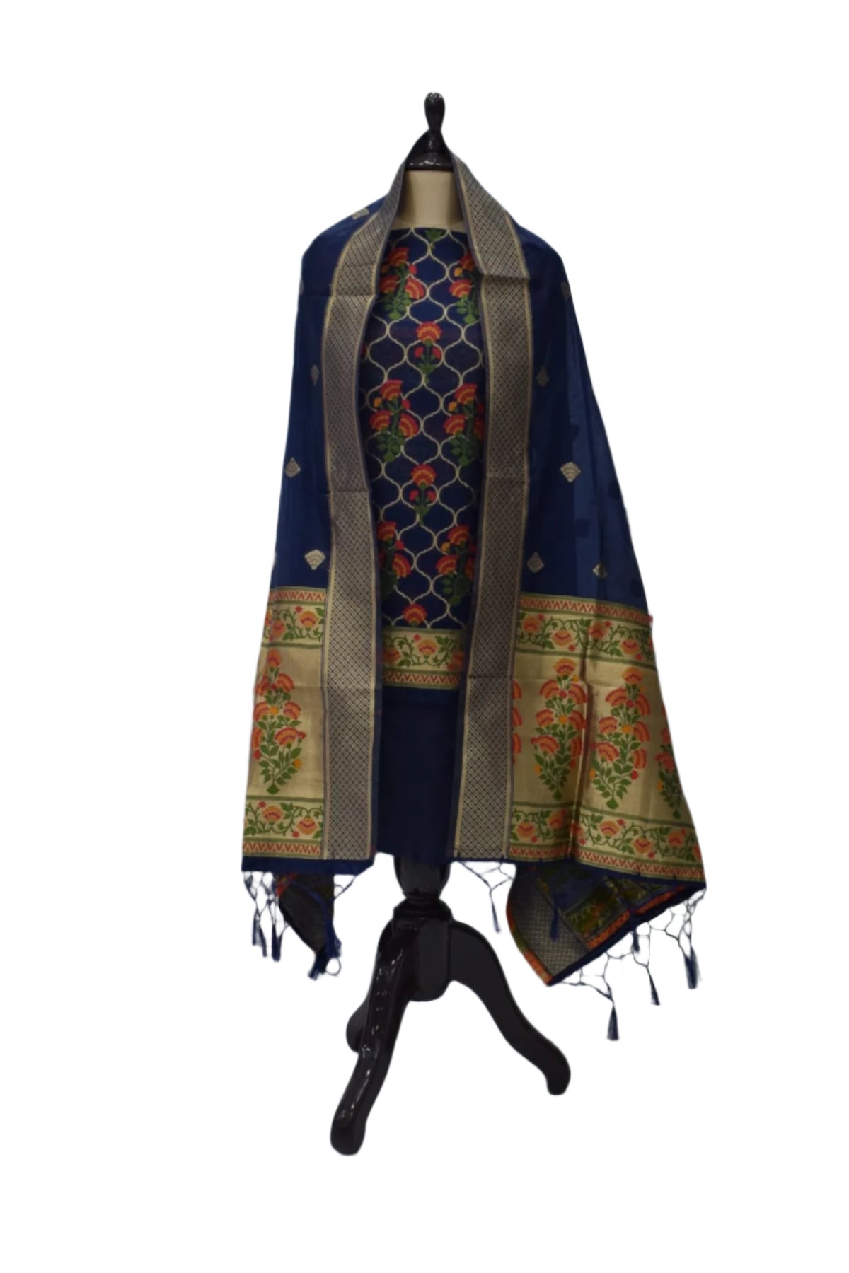 Silakaari Women's Navy Blue Zari Work Designer Banarasi Unstitched Dress Material