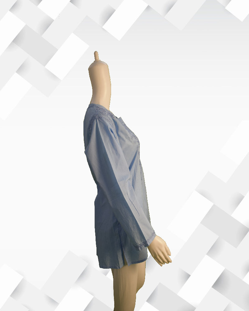 Silakaari Women's Light Blue Pure Cotton Lucknowi Short Kurta
