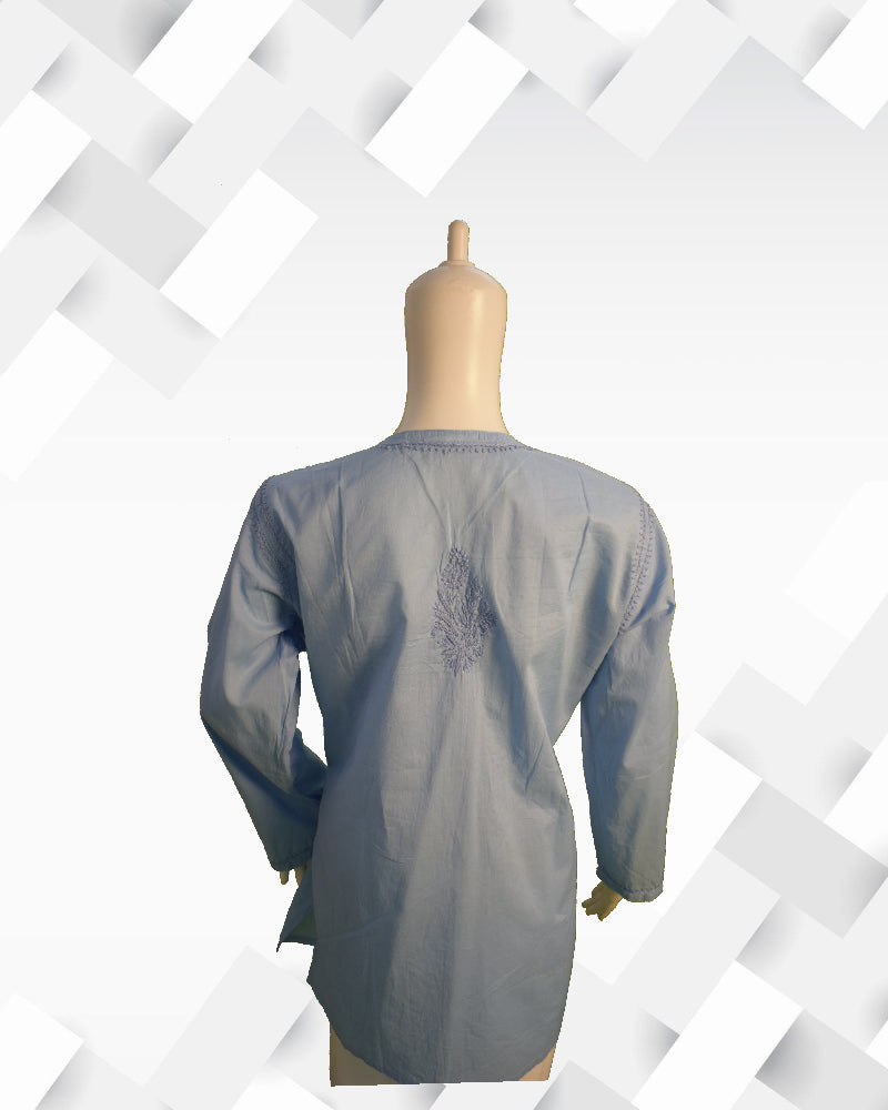 Silakaari Women's Light Blue Pure Cotton Lucknowi Short Kurta