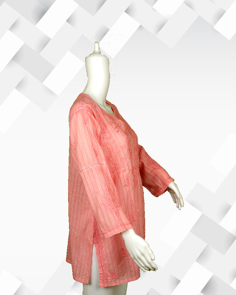 Silakaari Women's peach chikankari short kurti