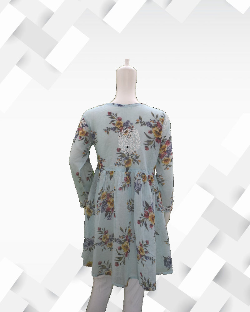 Silakaari Women's Printed Mul Cotton Lucknowi Short Kurta