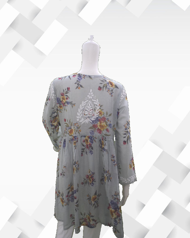 Silakaari Women's Printed Mul Cotton Lucknowi Short Kurta