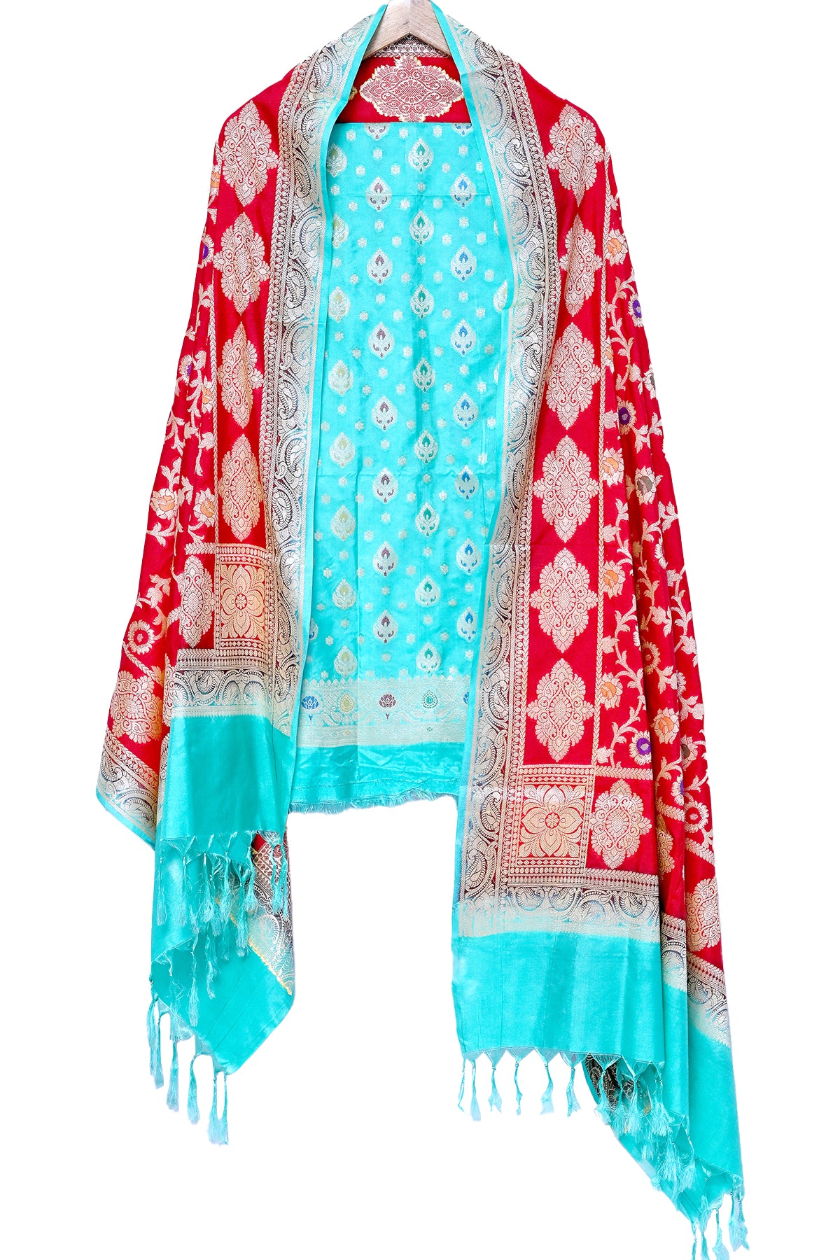 Silakaari Women's Green-Red Heavy Zari Banarasi Work Unstitched Dress Material