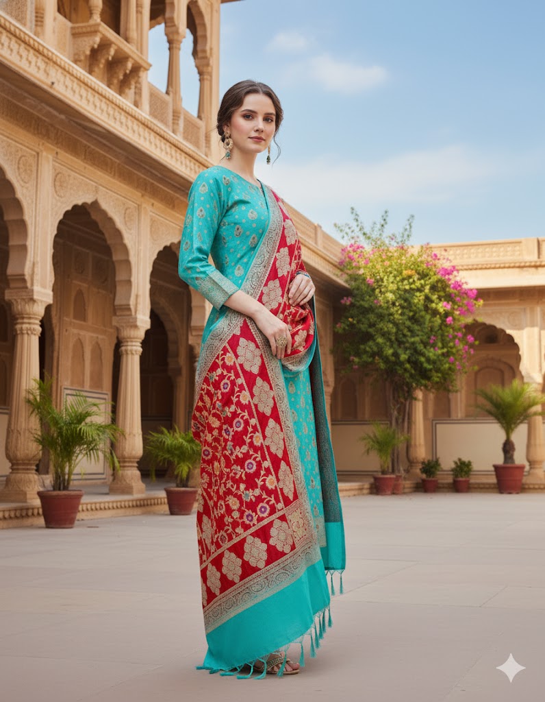 Silakaari Women's Green-Red Heavy Zari Banarasi Work Unstitched Dress Material