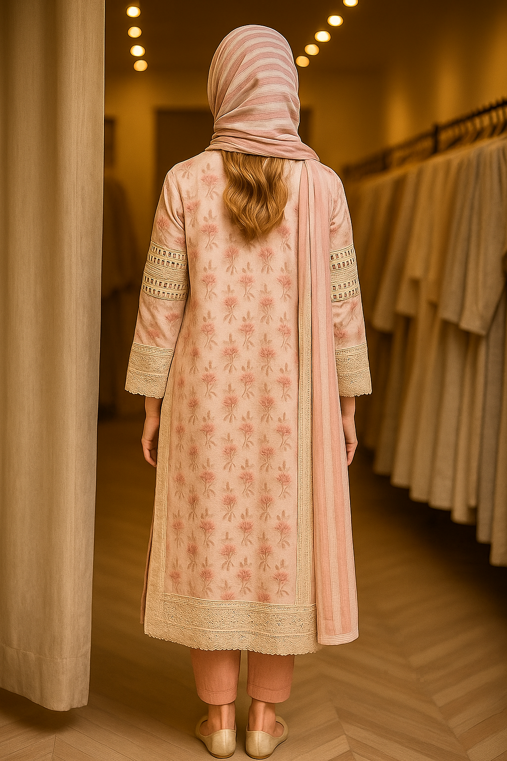 Silakaari Women's Pink & Cream Floral Gota Rose  Ready Dress With dupatta