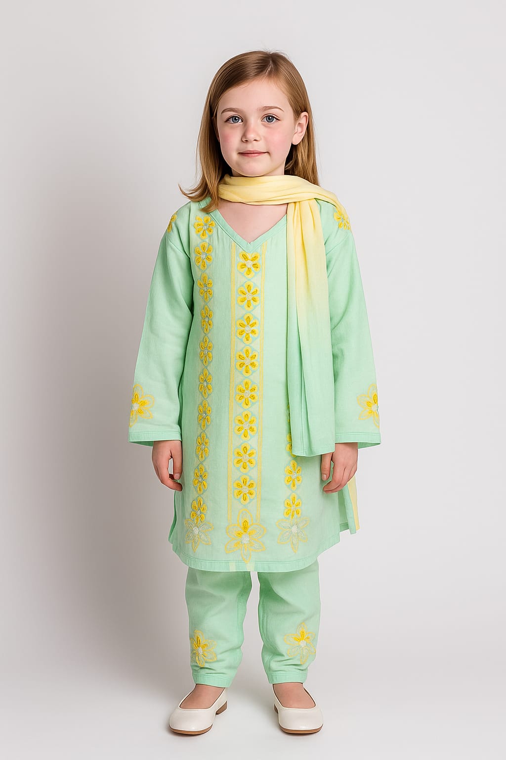 Silakaari Sadaf Green-Yellow Pure Cotton Lucknowi ChikanKari Anarkali Kurti Pant With Dupatta Set For Girls