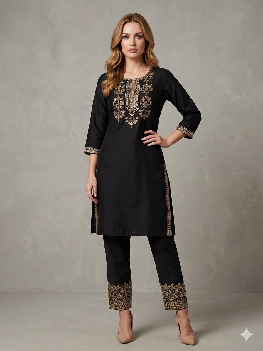 Silakaari Aviora Black Floral Embroidered Straight Long Kurti