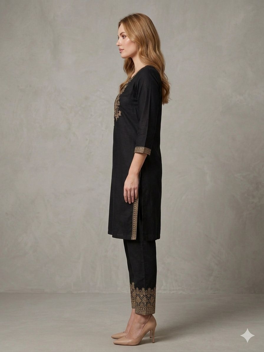 Silakaari Aviora Black Floral Embroidered Straight Long Kurti