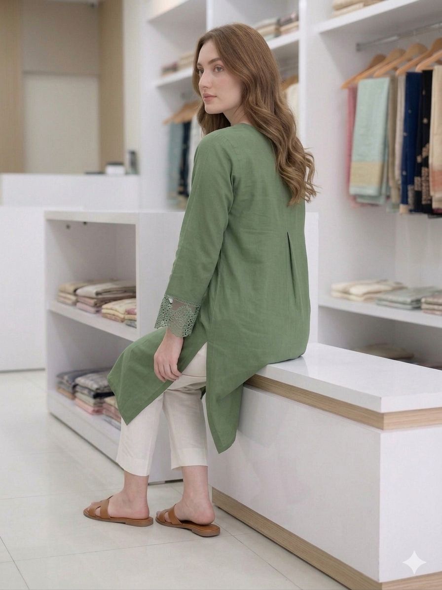 Silakaari Maeve Solid Green Cotton Kurti Front Button Full Sleeves with Lace