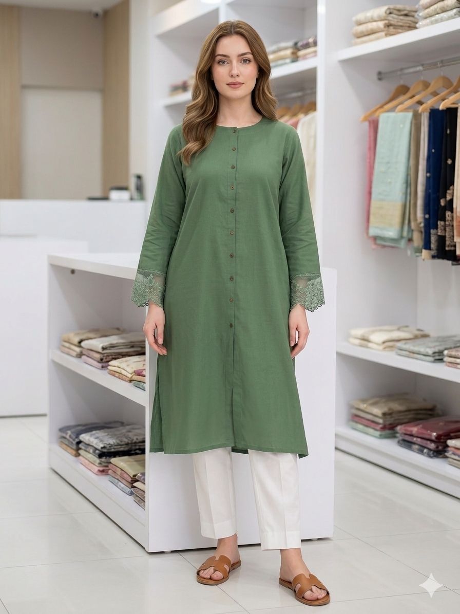 Silakaari Maeve Solid Green Cotton Kurti Front Button Full Sleeves with Lace
