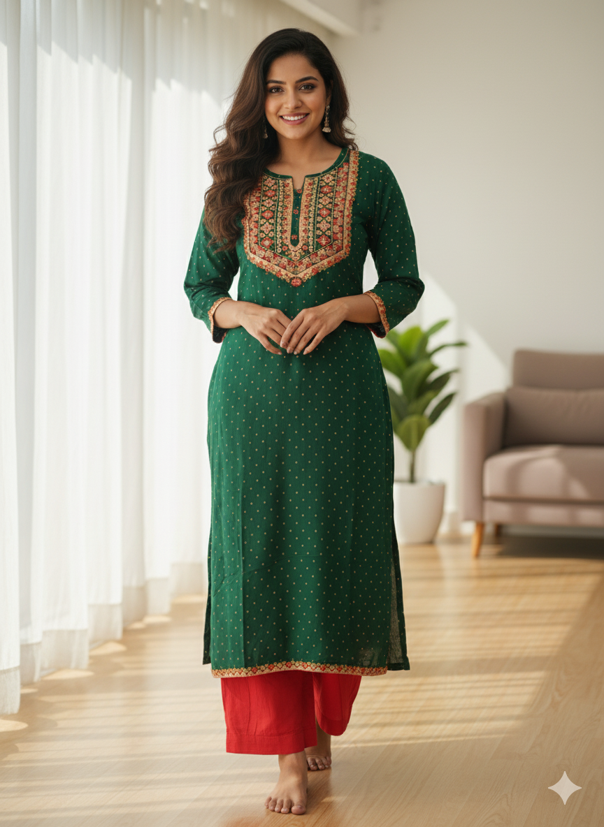 Silakaari Bilquis Dark green Mirror Embroidery Work Long Kurti With Button Detail