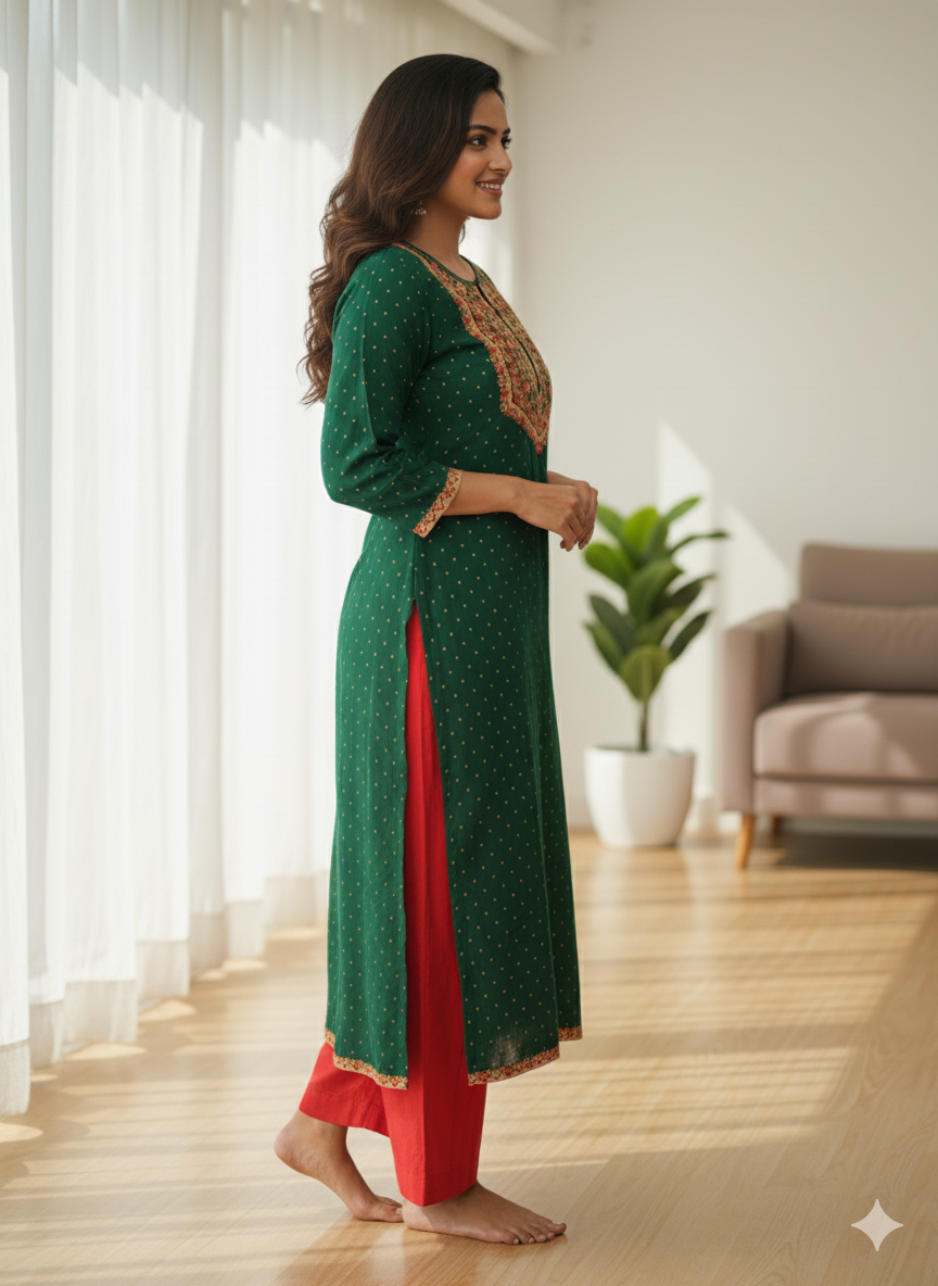 Silakaari Bilquis Dark green Mirror Embroidery Work Long Kurti With Button Detail