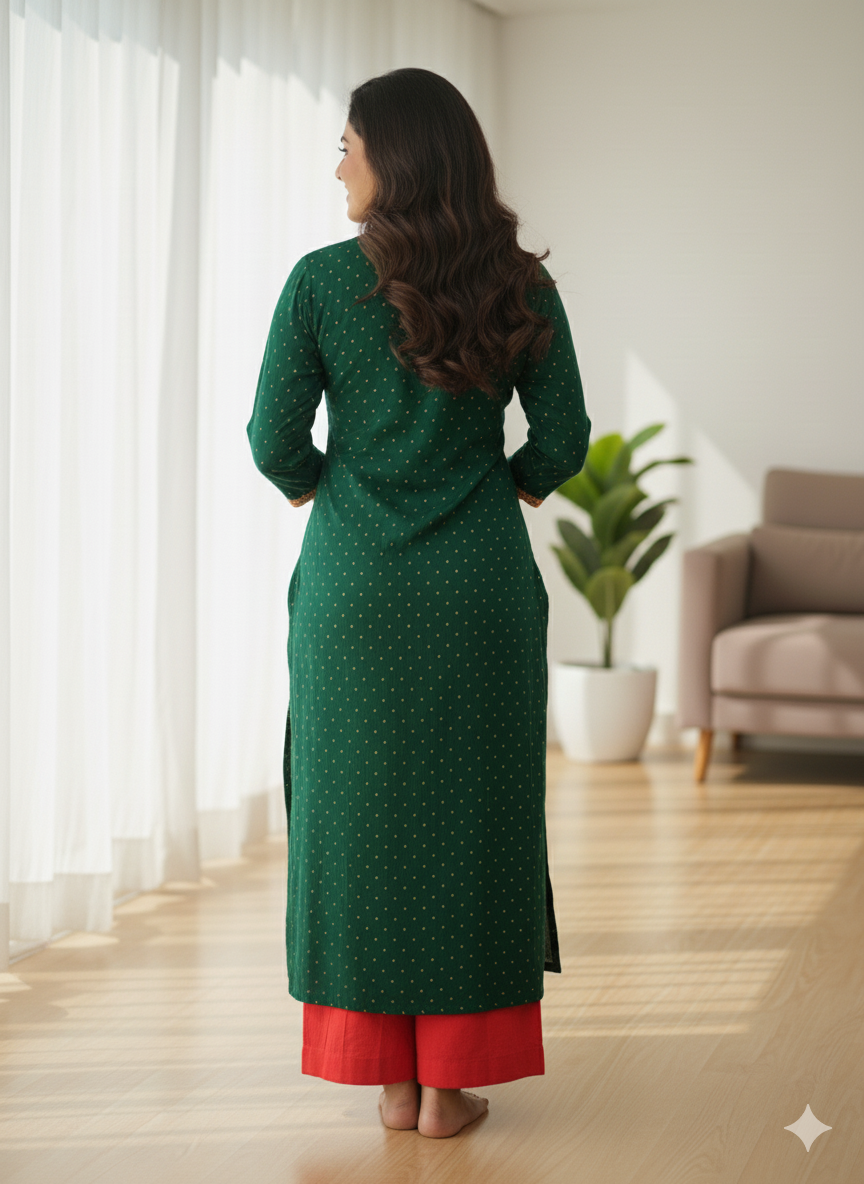 Silakaari Bilquis Dark green Mirror Embroidery Work Long Kurti With Button Detail