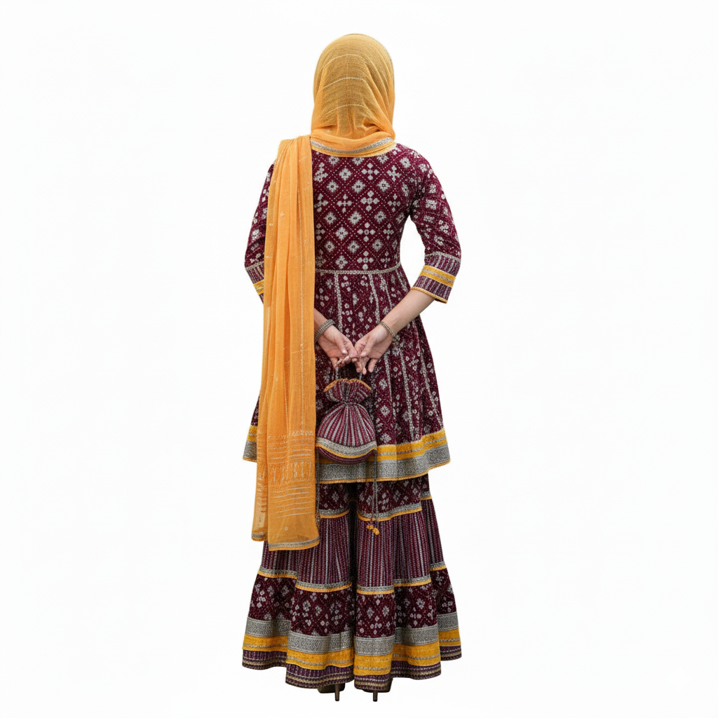 Silakaari Women's Maroon & Yellow Heavy Gotta Patti Full Garara Set With Potli