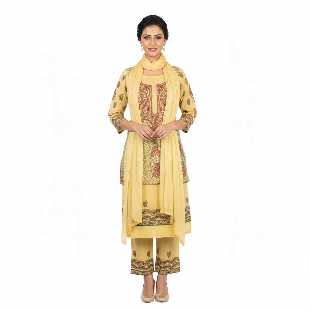 Silakaari Elegent Yellow Sequin Pearl Pure Cotton Lucknowi Unstitched Dress Material