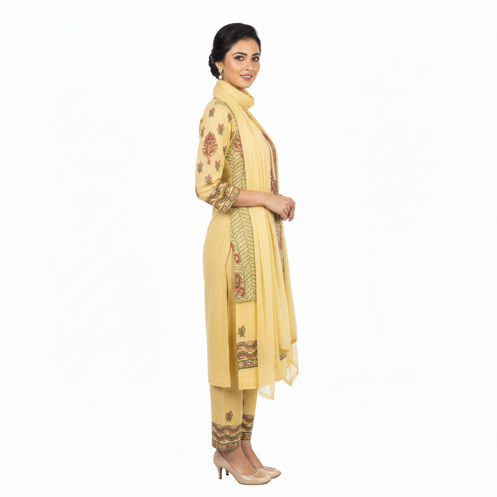 Silakaari Elegent Yellow Sequin Pearl Pure Cotton Lucknowi Unstitched Dress Material