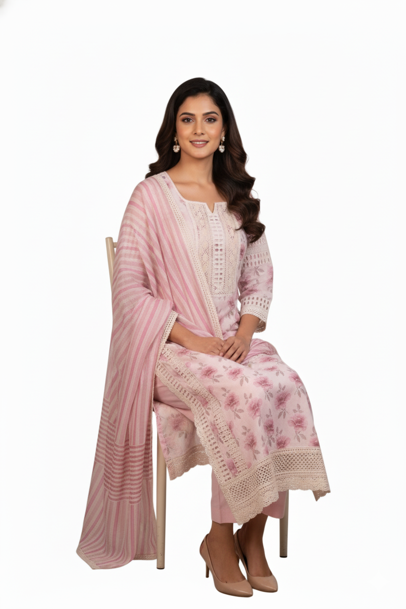 Silakaari Women's Pink & Cream Floral Gota Rose  Ready Dress With dupatta