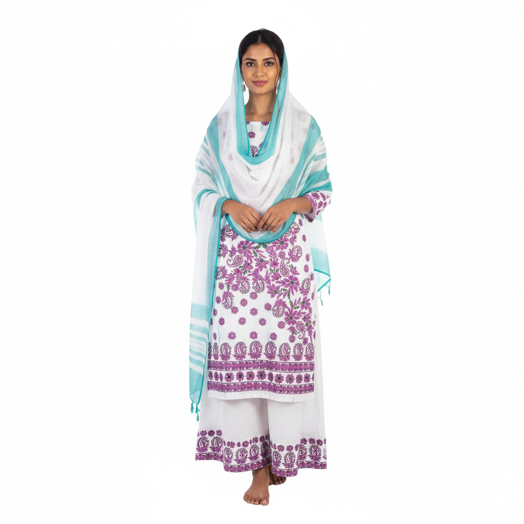 Silakaari Kamsin White-Purple Pure Chikankari Super Fine Embroidery Unstitched Dress Material