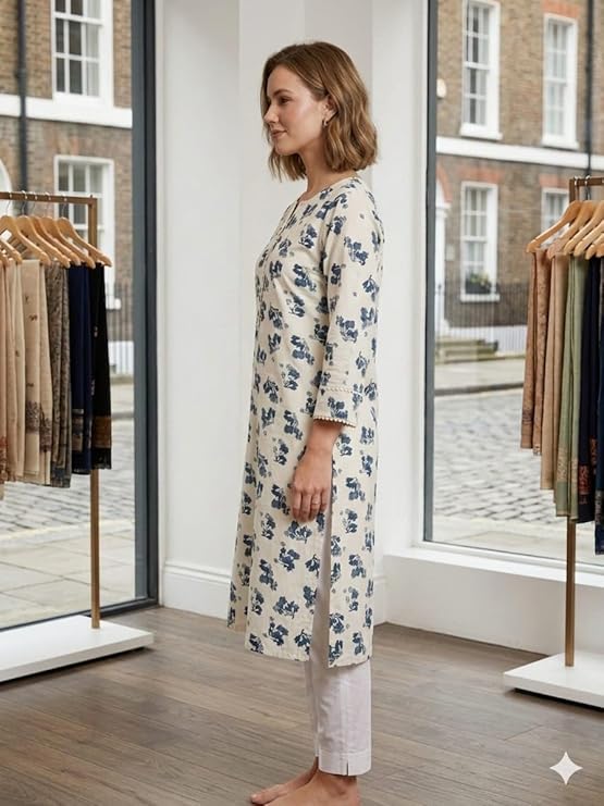 Silakaari Hira Elegant Ivory Floral Printed Long Kurti
