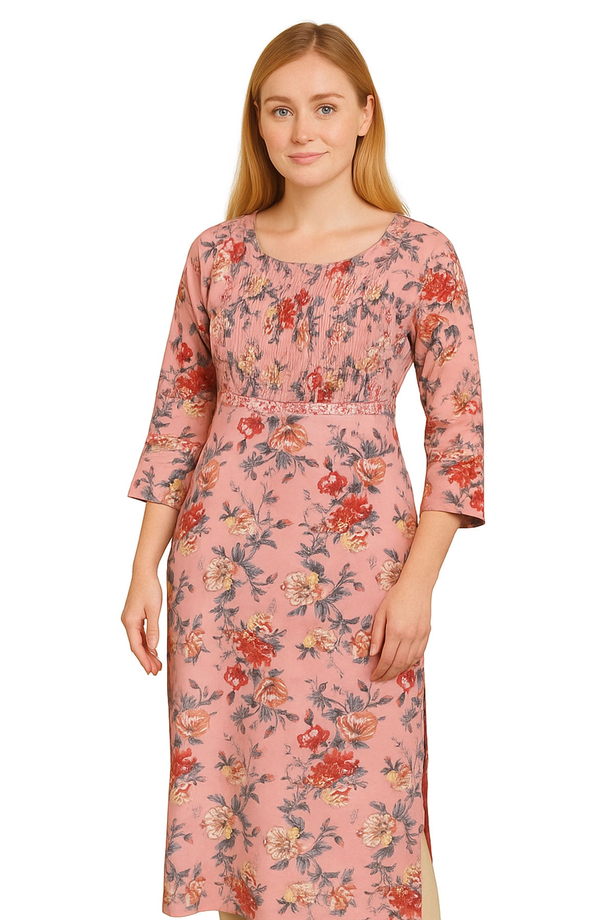 Silakaari Adeela Digital Printed Mirror Smocking Straight Long Kurti
