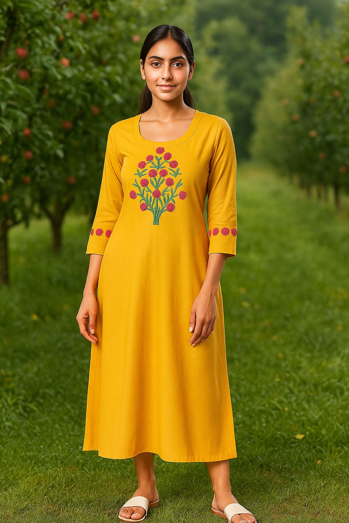Silakaari Yusra Yellow Rayon Aline Embroidery Kurti