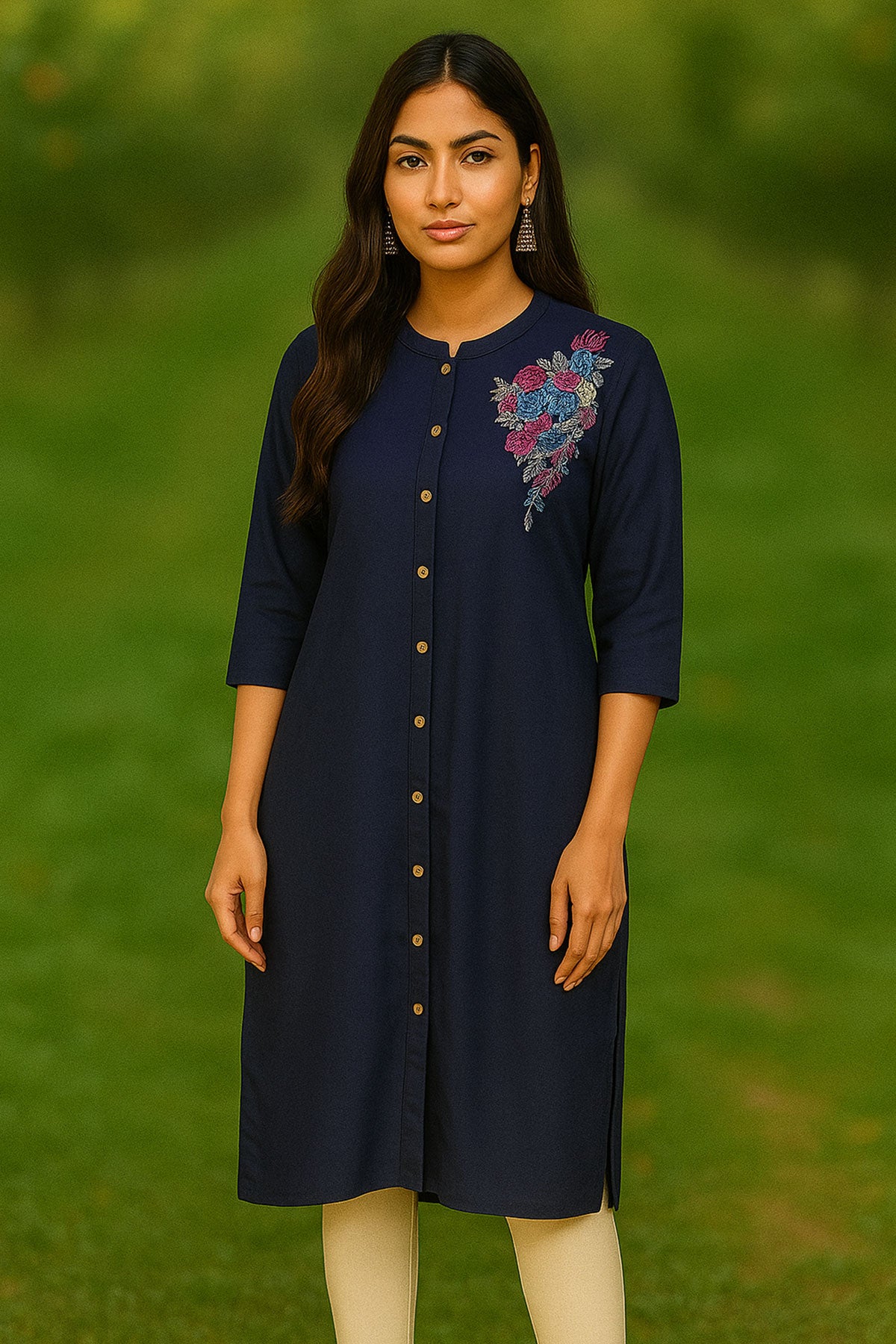 Silakaari Safiya Navy Blue Rayon Embroidery Long Kurti