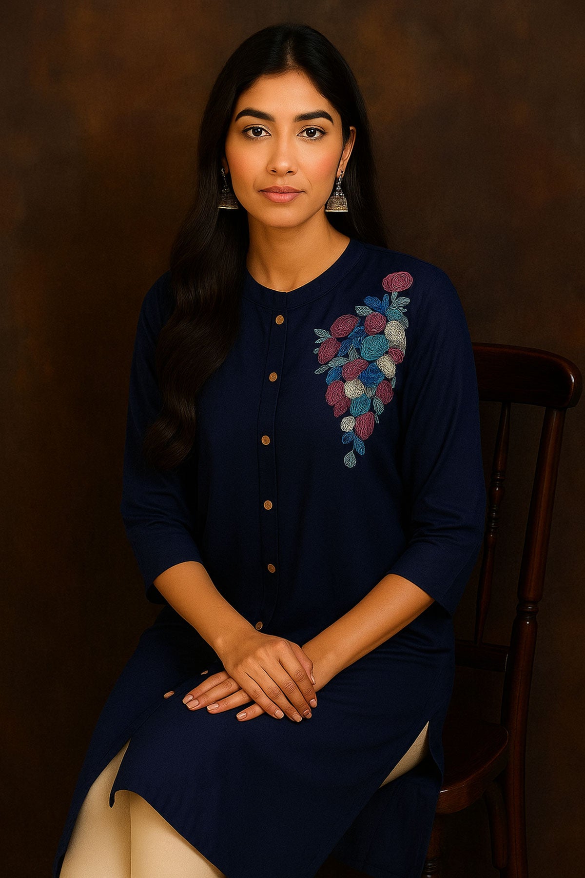 Silakaari Safiya Navy Blue Rayon Embroidery Long Kurti