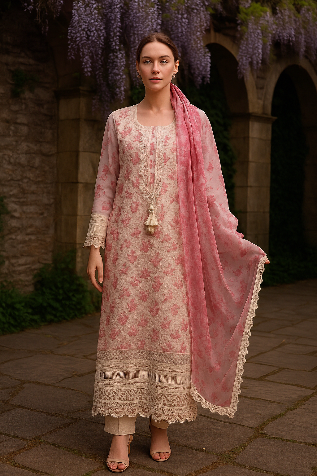 Silakaari Women's Magenta Hakoba  Kurti Pant Dupatta Set